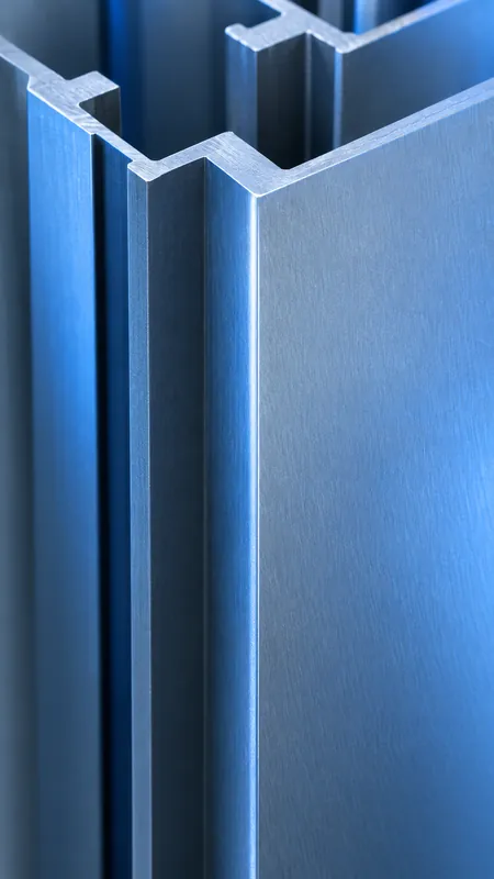 Dettaglio ravvicinato di un profilo in alluminio anodizzato satinato con riflessi blu