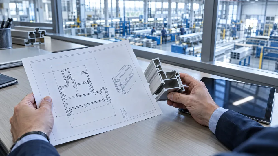 Mani di un commerciale che confrontano un disegno tecnico stampato con un campione di profilo in alluminio