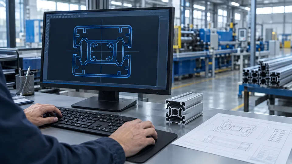 Postazione dell'ufficio tecnico con il disegno CAD di una sezione di profilo sul monitor e un campione sulla scrivania
